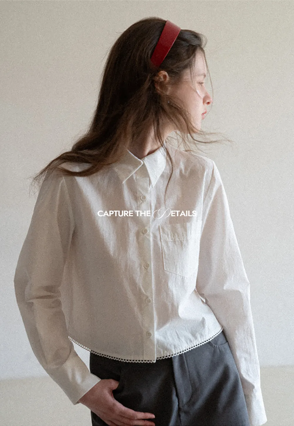 Long sleeve button front shirt with scalloped hem