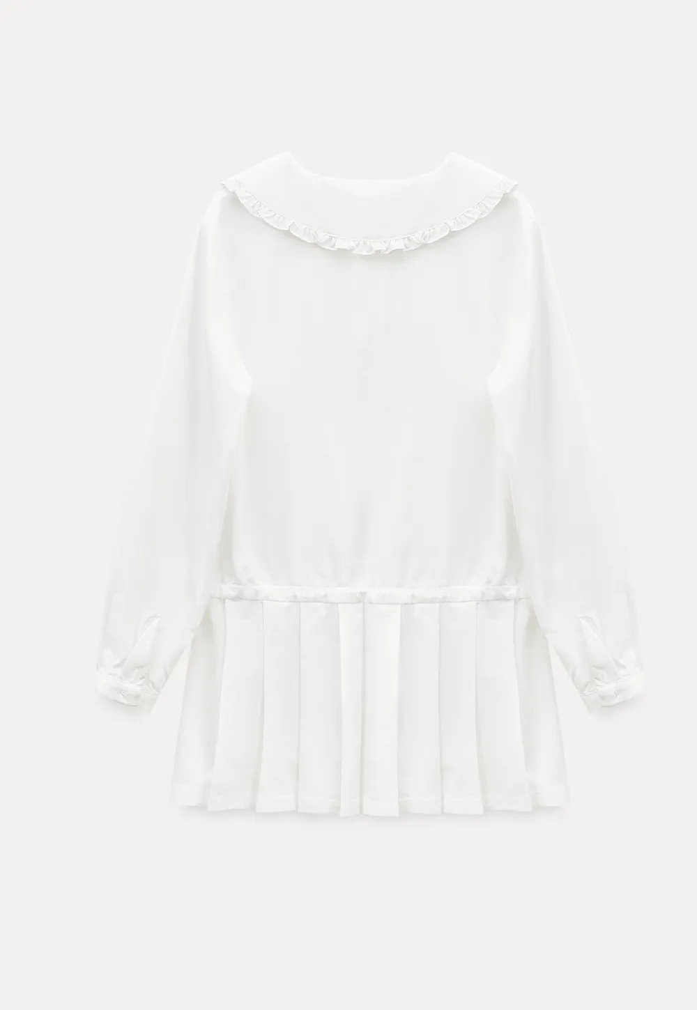 Pleated Hem Long Sleeve Blouse with Ruffled Collar