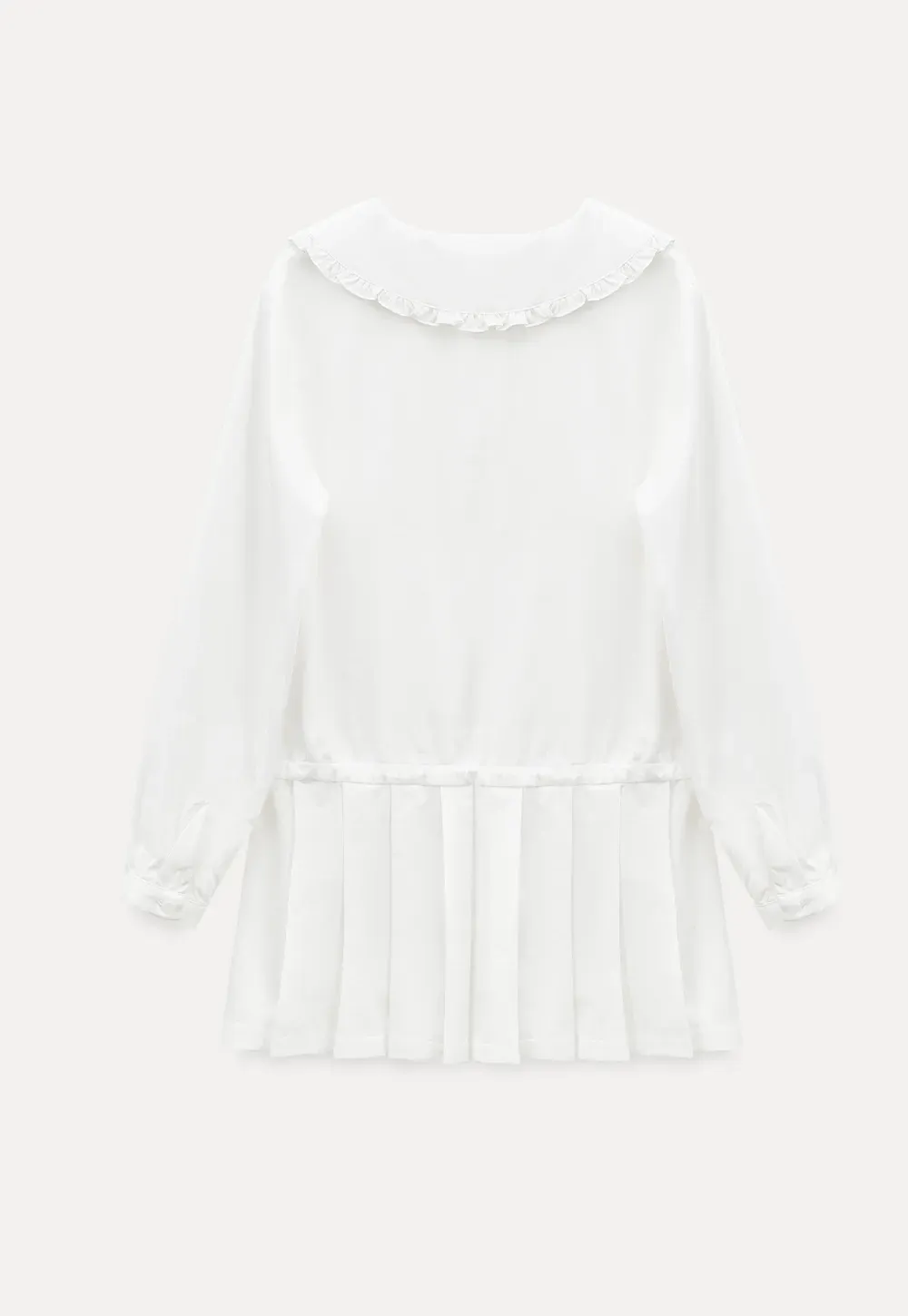 Pleated Hem Long Sleeve Blouse with Ruffled Collar