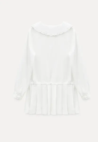 Pleated Hem Long Sleeve Blouse with Ruffled Collar