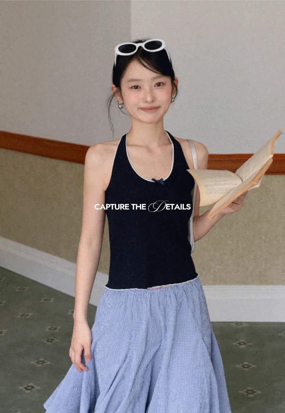 Halter neck tank top with thin straps and bow detail