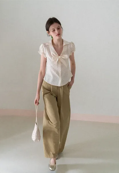 Short Sleeve Shirt with Bow Detail and Polka Dots