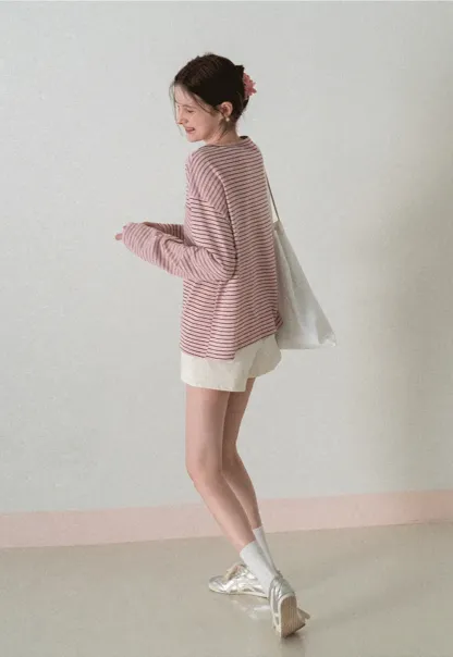 Long sleeve striped henley shirt with chest pocket