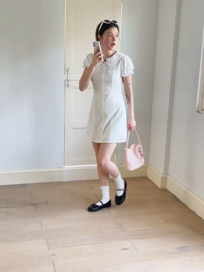 Peter Pan Collar Pleated Short Sleeve Dress