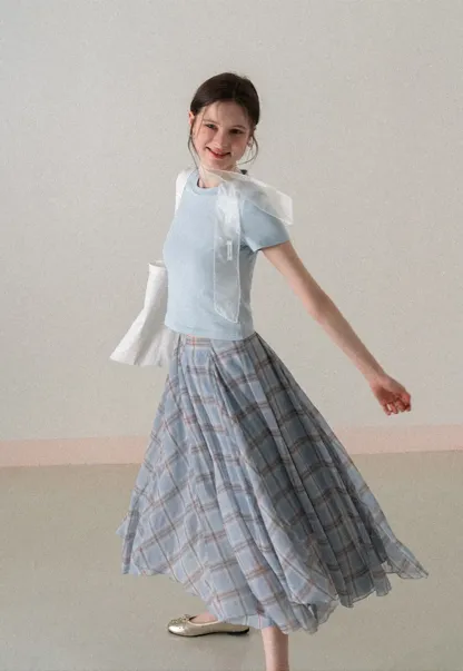 Pleated Plaid Midi Skirt with Asymmetrical Hem