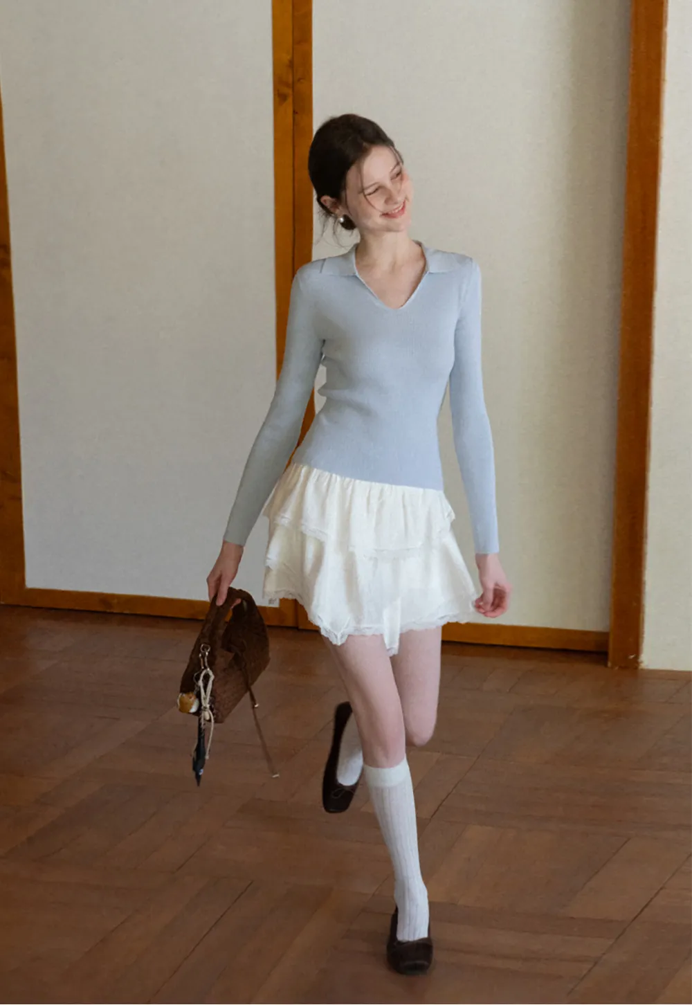 Ribbed Knit Long Sleeve Polo Neck Sweater