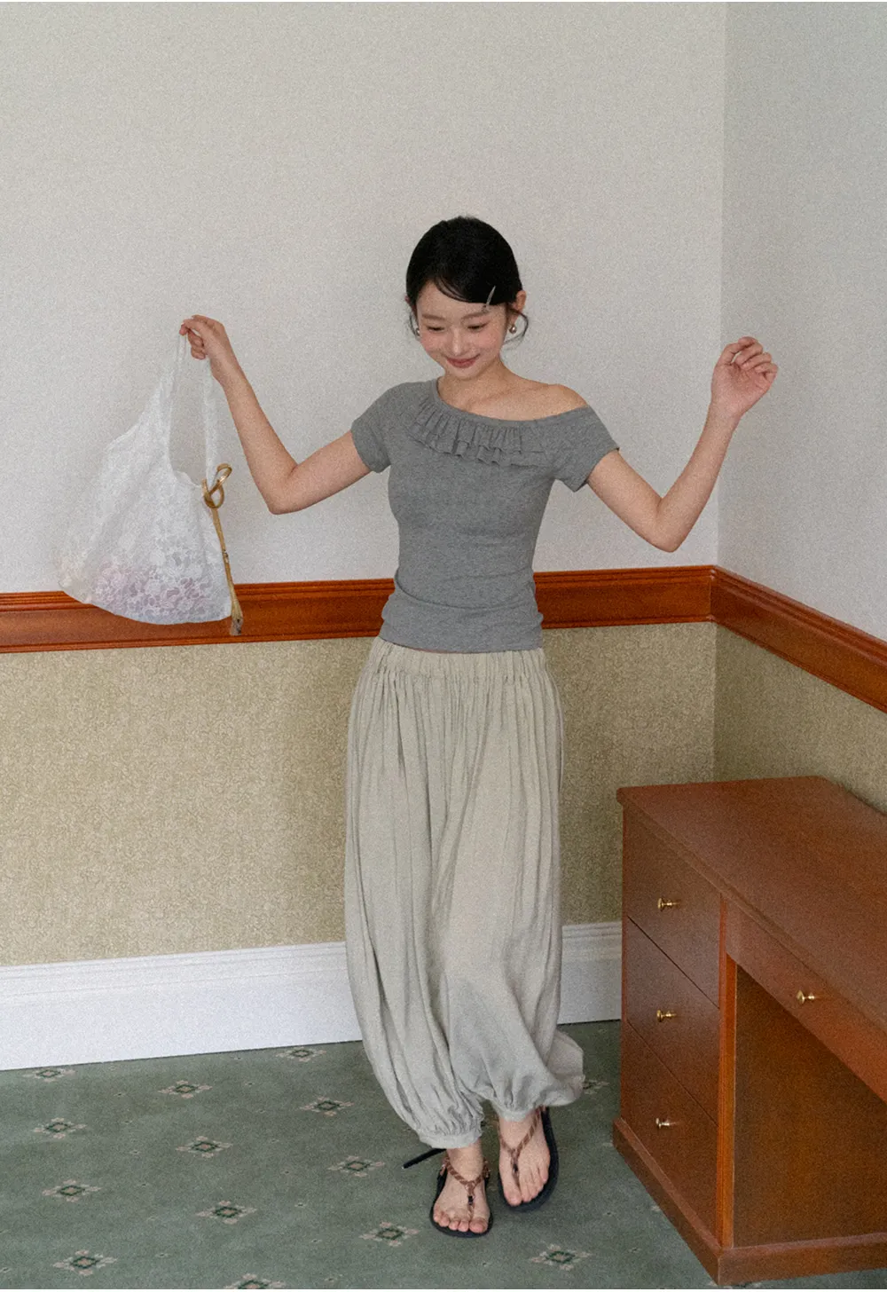 Off shoulder short sleeve top with ruffle detail