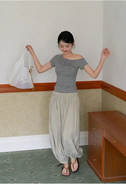 Off shoulder short sleeve top with ruffle detail