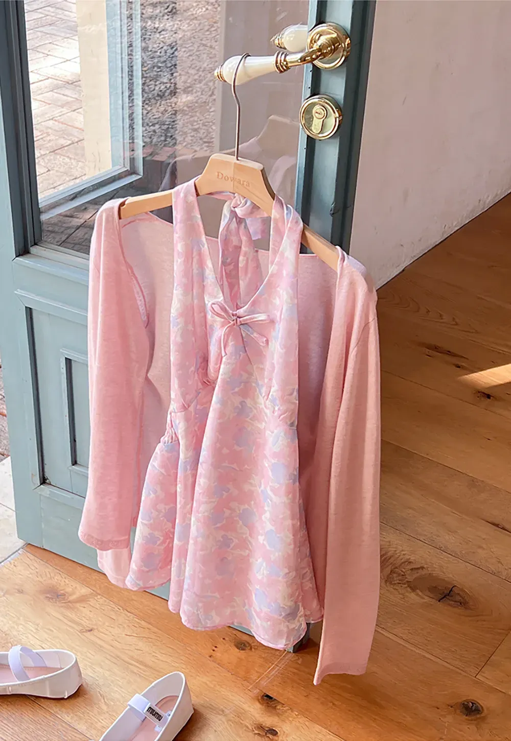 Woolen knit sweater with tie front and floral tank top