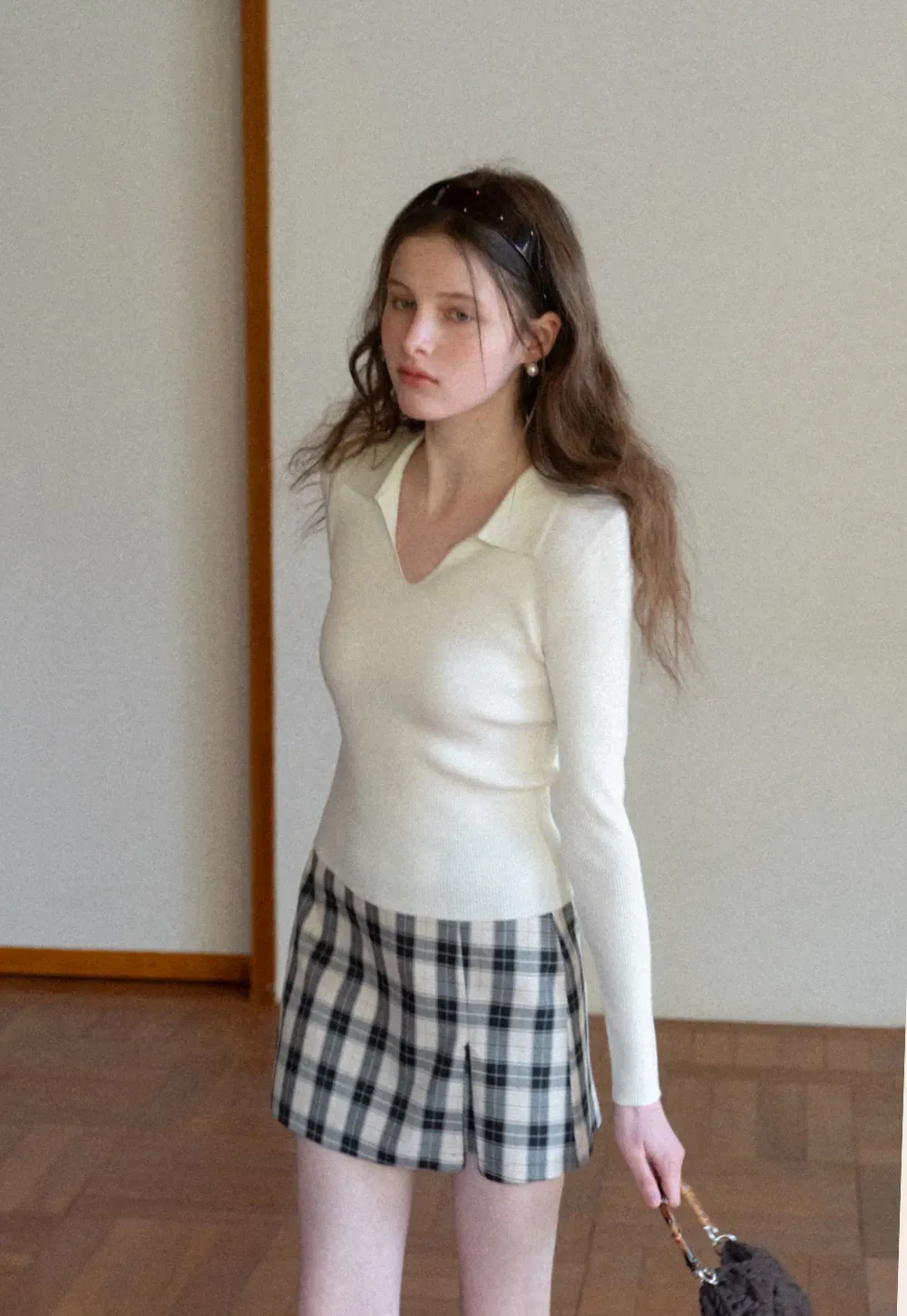 Ribbed Knit Long Sleeve Polo Neck Sweater