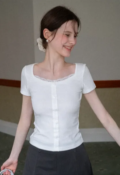 Short Sleeve Button Front Top with Lace Trim