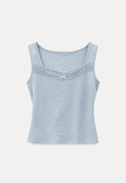 Lace Trimmed Sleeveless Top with Square Neckline