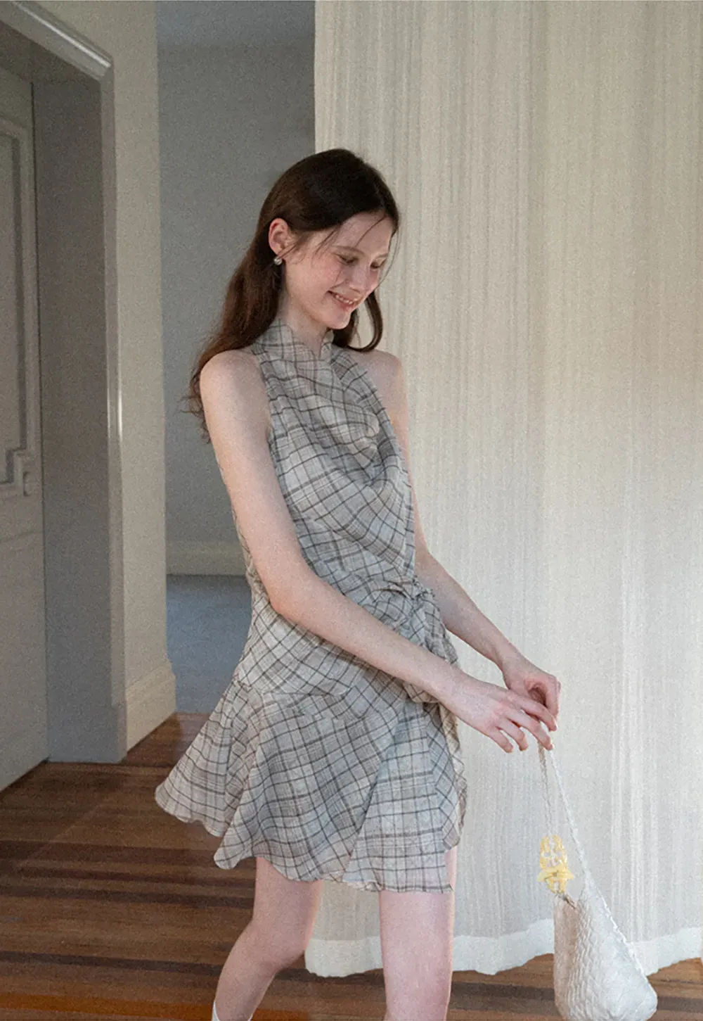 Plaid Halter Neck Wrap Dress with Side Tie