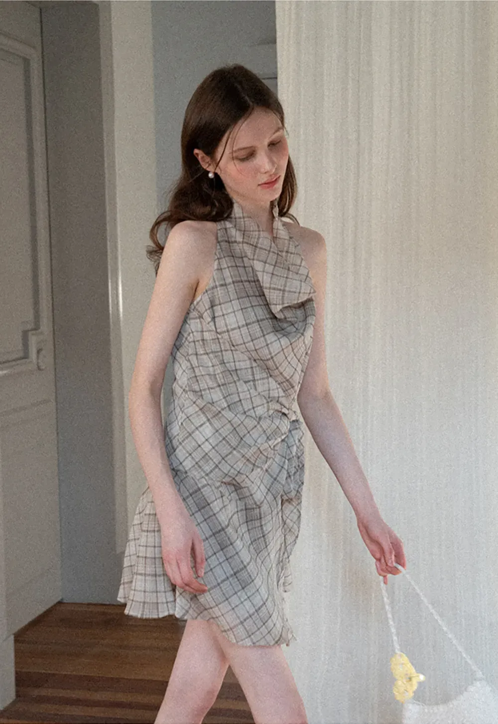 Plaid Halter Neck Wrap Dress with Side Tie