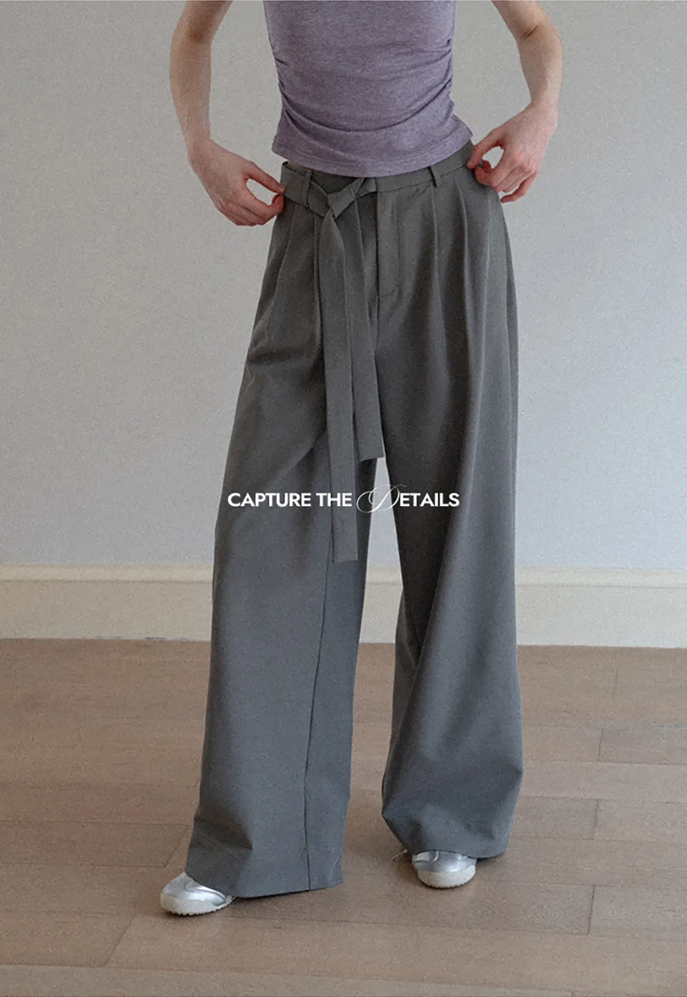 Wide leg casual pants with waist tie