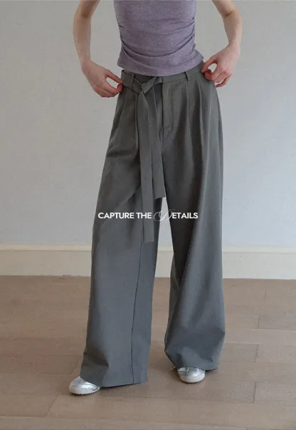 Wide leg casual pants with waist tie