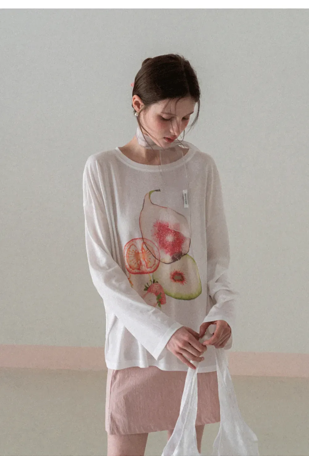 Oversized T shirt with fruit print and sheer neck detail