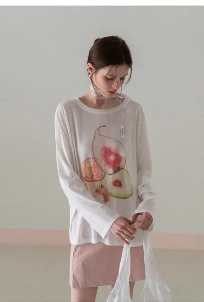 Oversized T shirt with fruit print and sheer neck detail