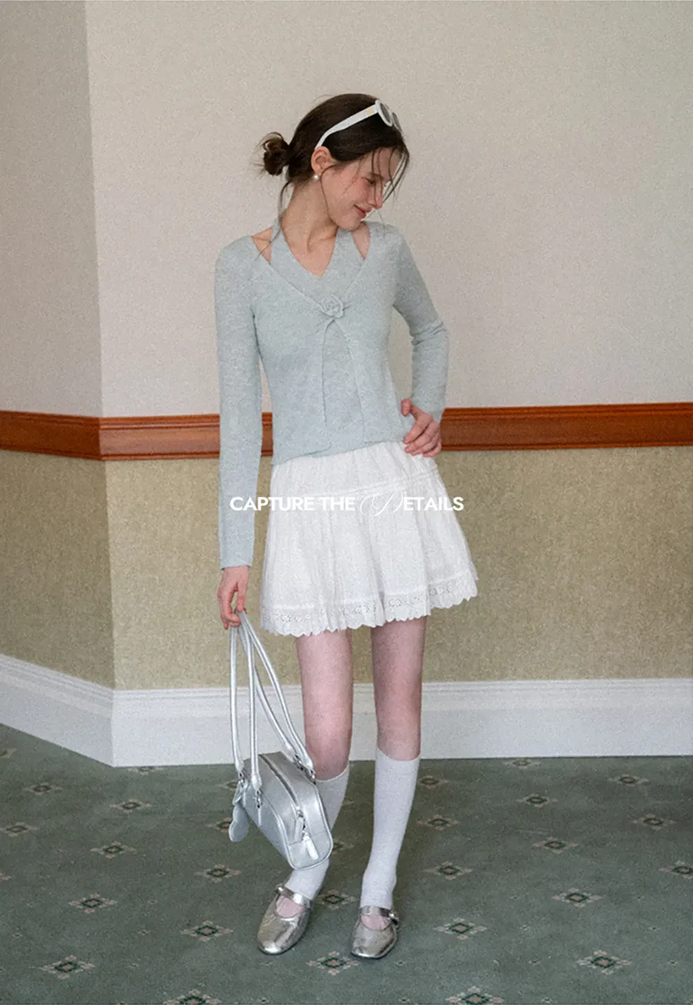 V Neck Knit Sweater with Floral Button Detail