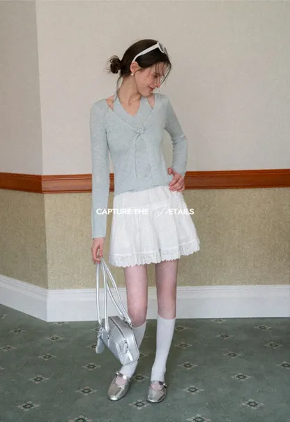 V Neck Knit Sweater with Floral Button Detail