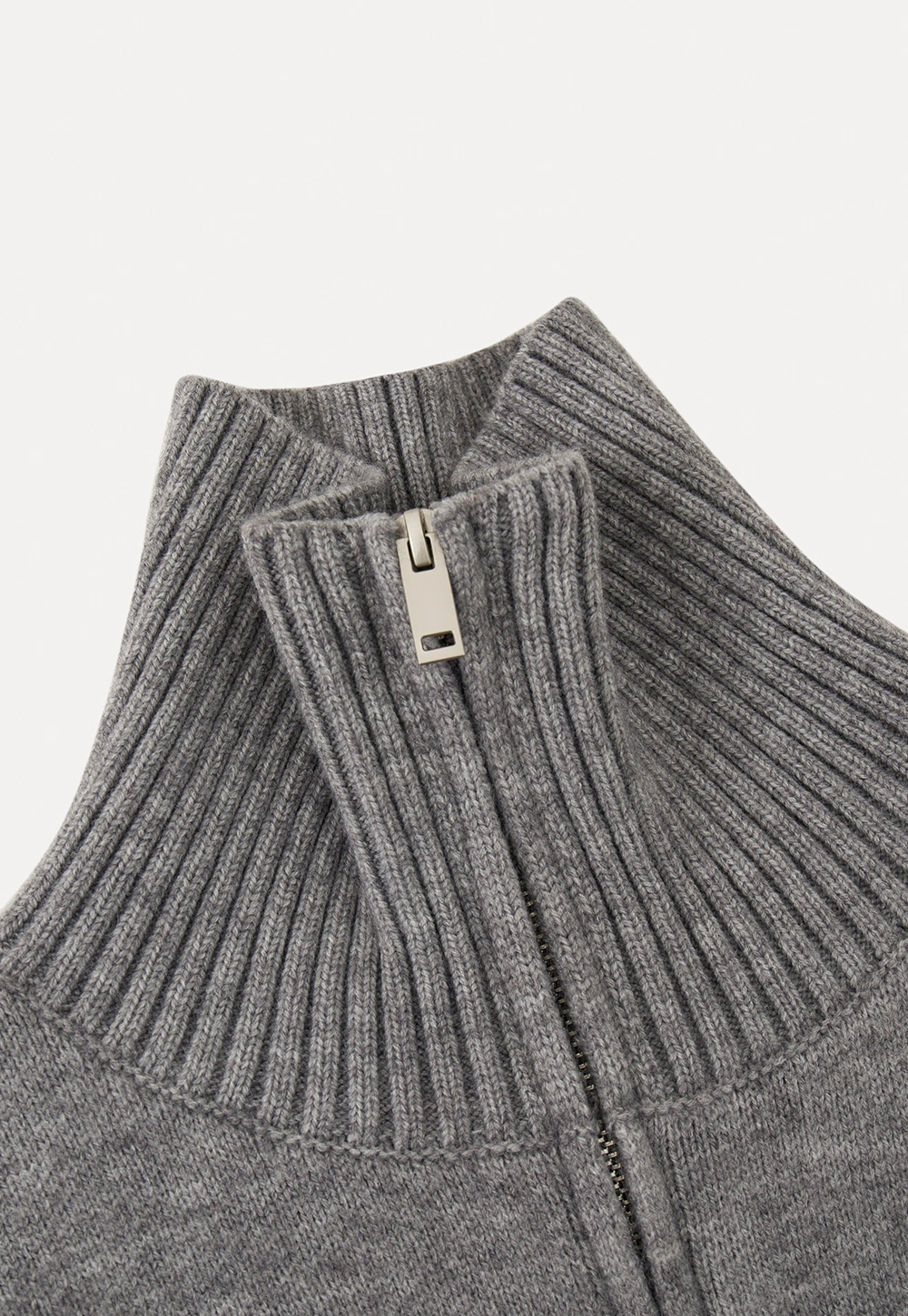 Women Grey Zip-Up Sweater with Ribbed Collar