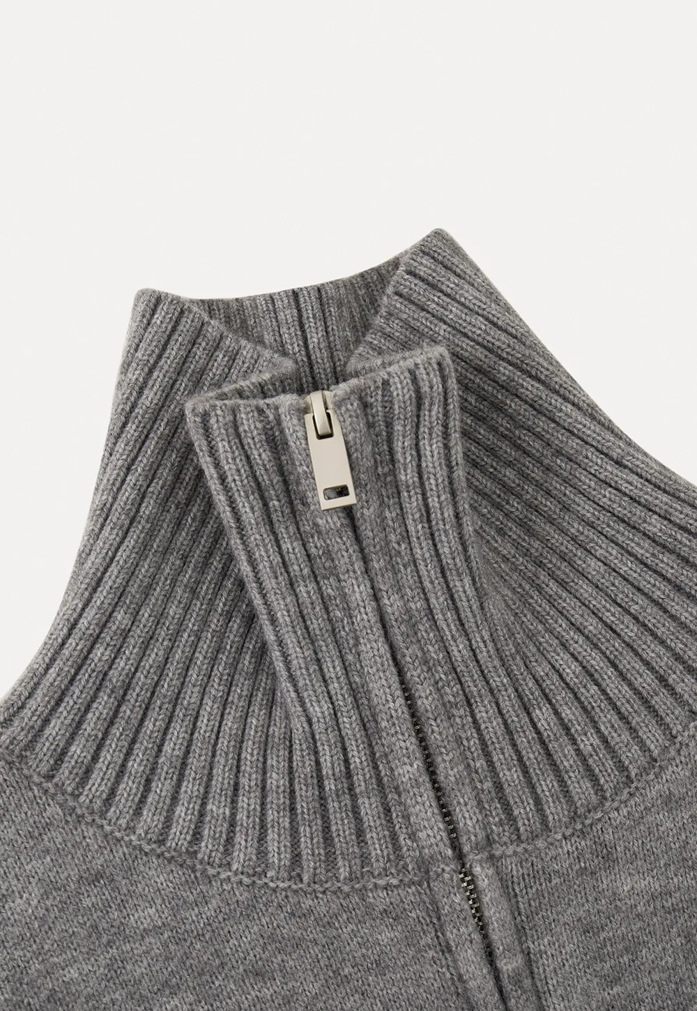 Women Grey Zip-Up Sweater with Ribbed Collar