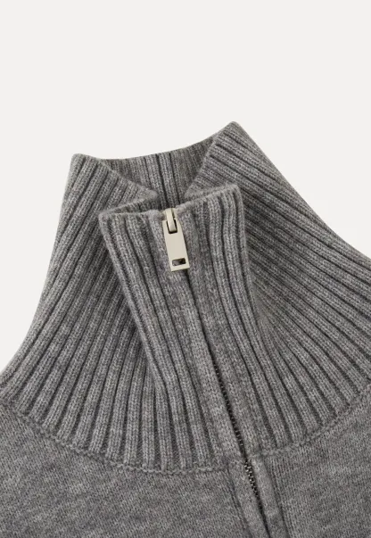 Women Grey Zip-Up Sweater with Ribbed Collar