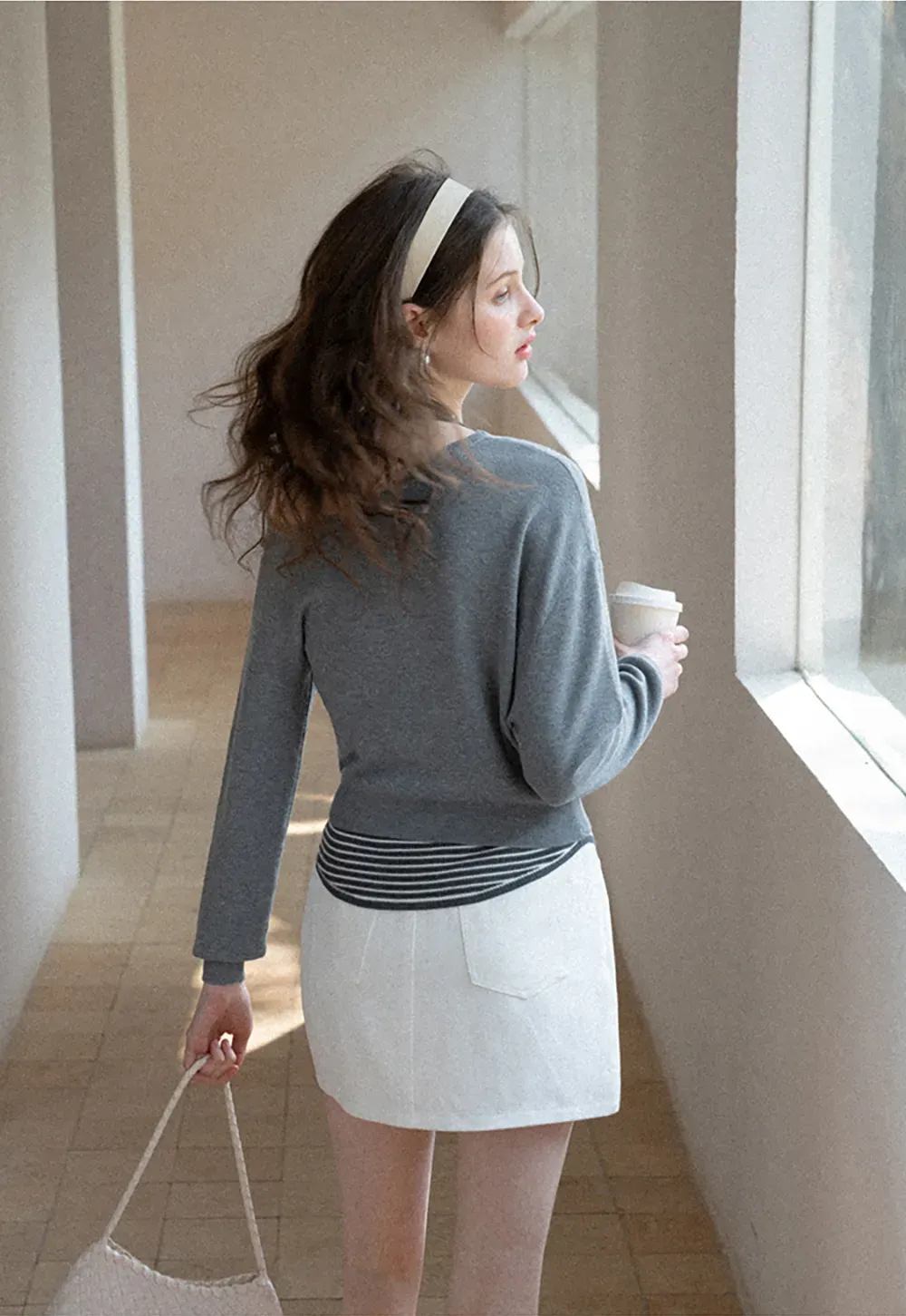 Off Shoulder Long Sleeve Knit Sweater with Striped Trim