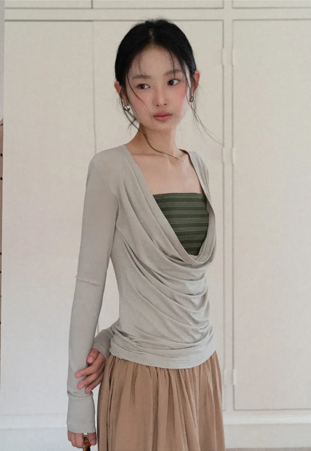 Long sleeve draped neckline top with square cutout