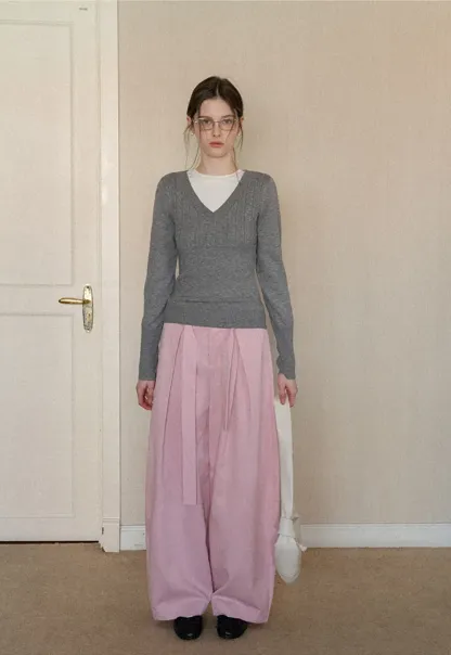 Wide leg pleated casual pants with tie waist design