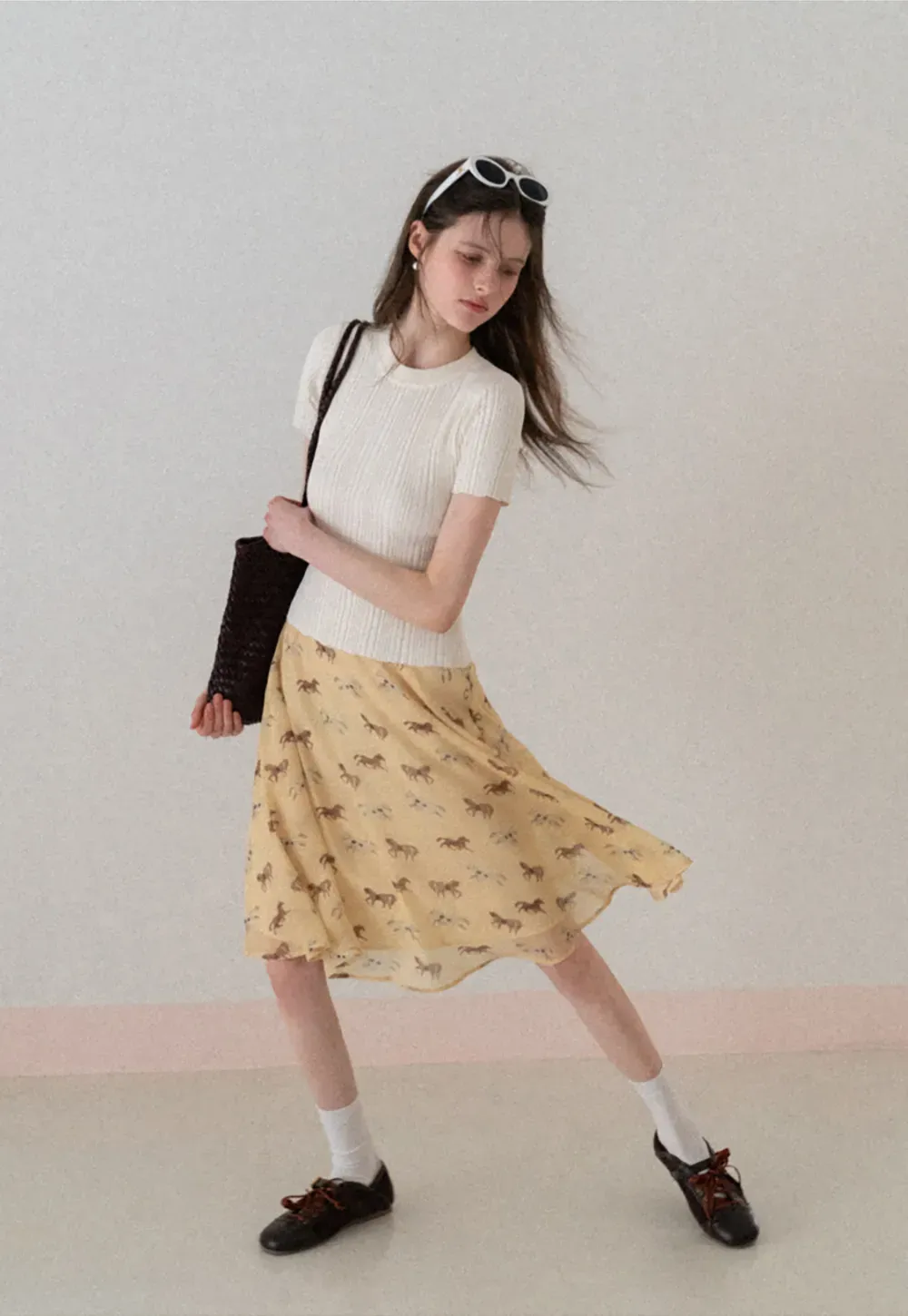 Horse Print Flared Midi Skirt