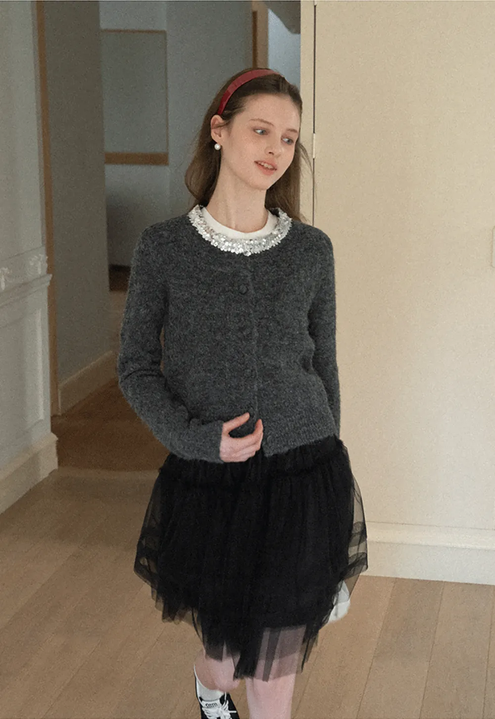 Elegant Woolen Knit Sweater with Embellished Neckline and Long Sleeves