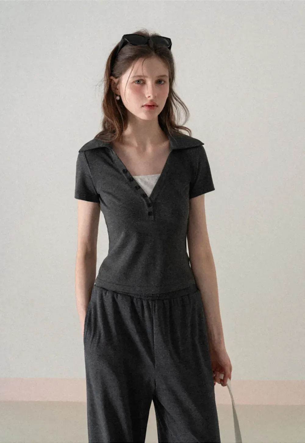 Polo shirt with buttons and wide leg casual pants