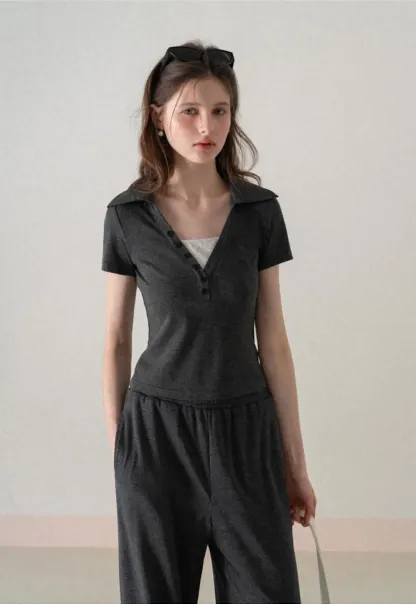 Polo shirt with buttons and wide leg casual pants