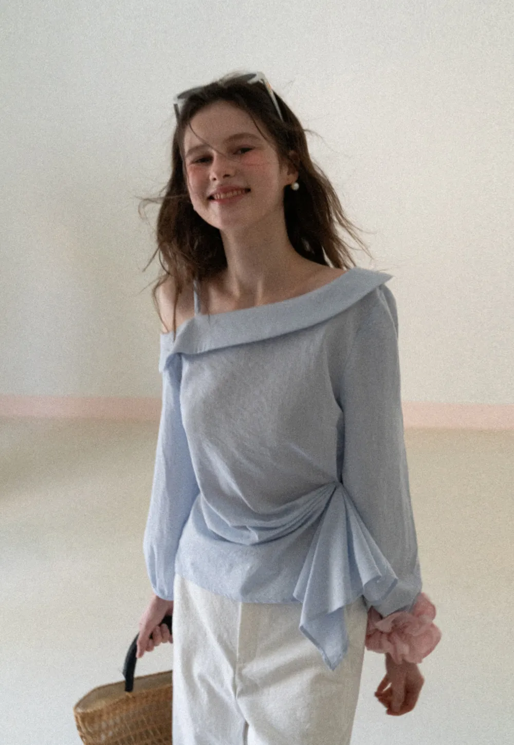 Off Shoulder Shirt with Ruched Sleeve Detail