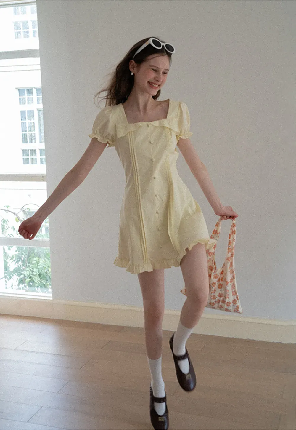 Short Sleeve Button Front Dress with Ruffled Hem