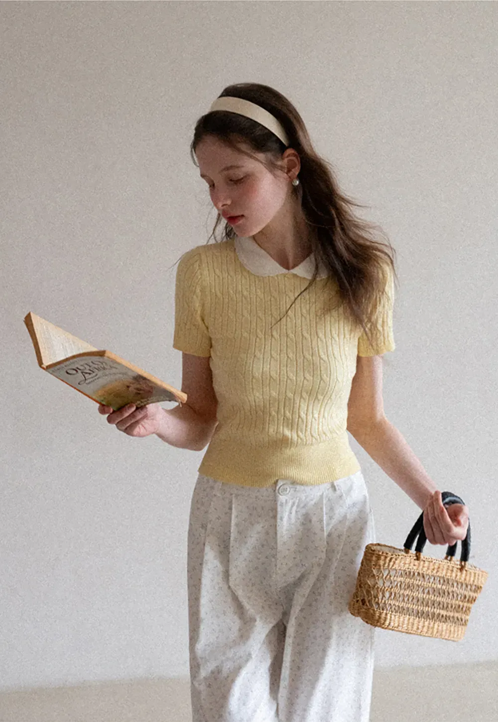 Cable Knit Short Sleeve Sweater with Collar