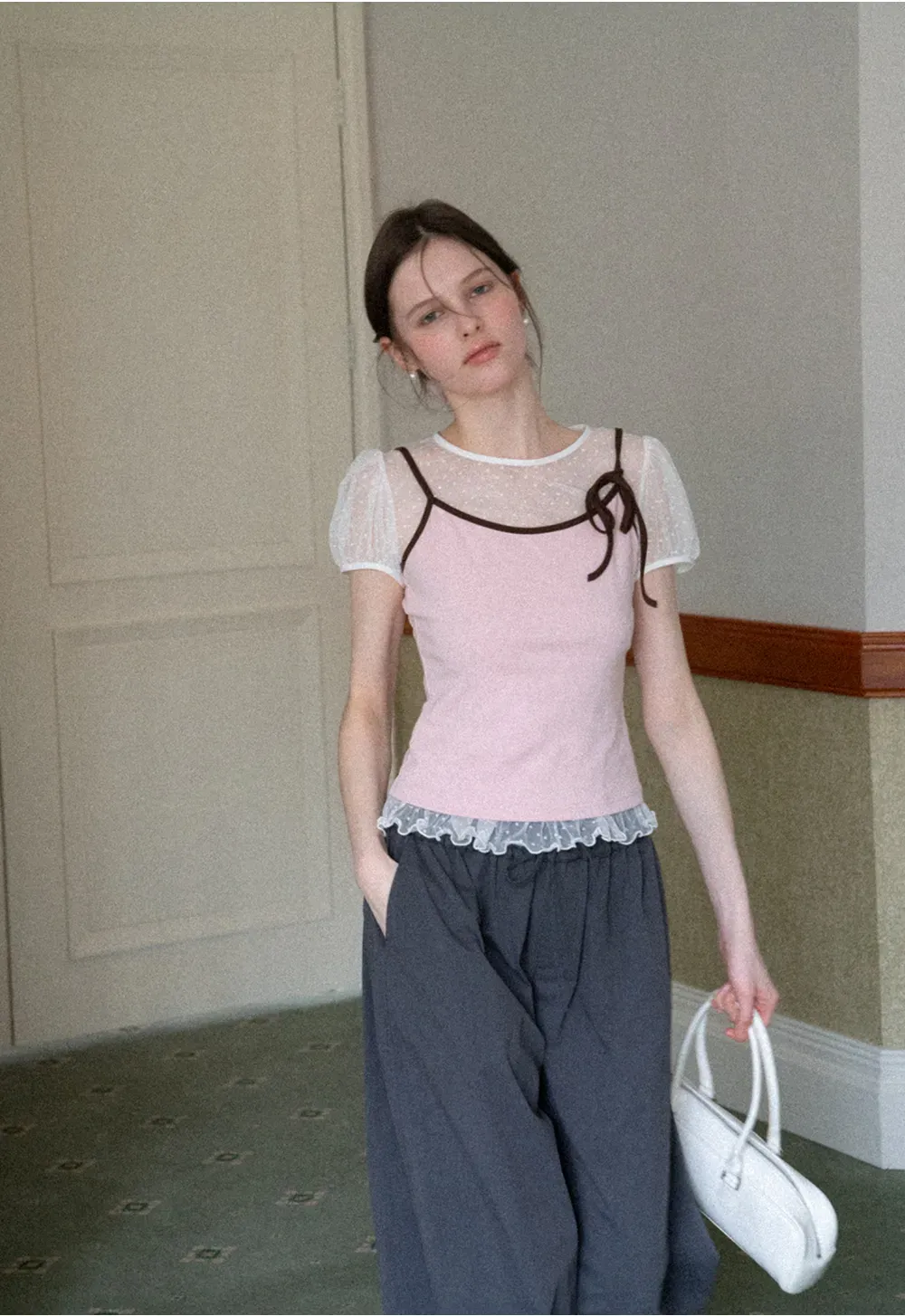 Sheer Mesh Trimmed Tank Top with Bow Detail