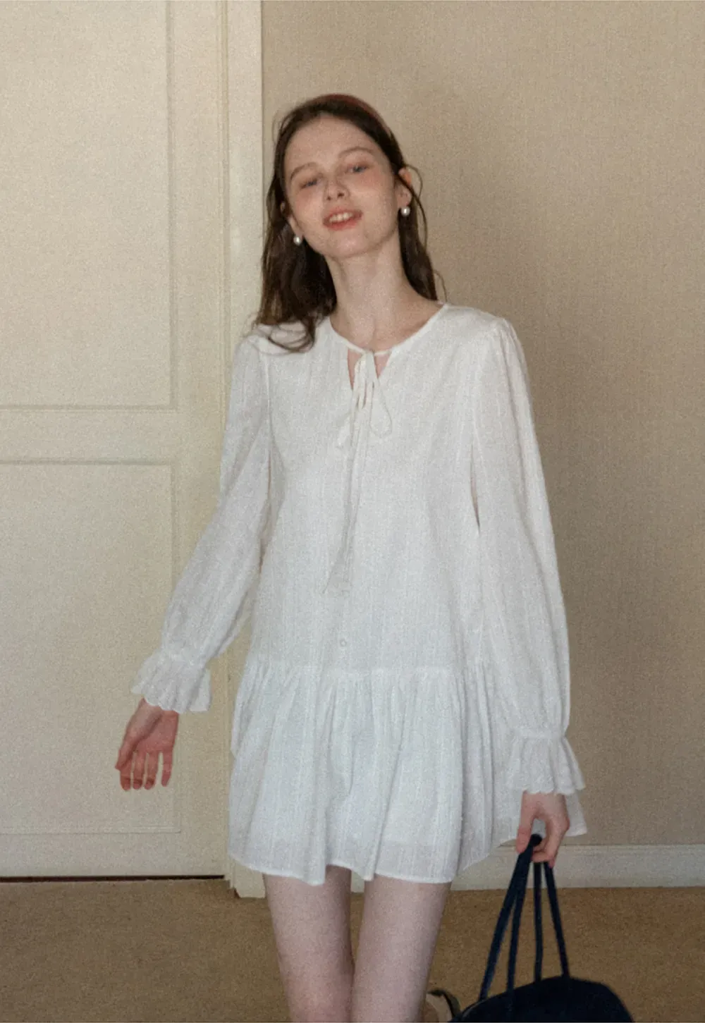 Elegant Long Sleeve Mini Dress with Flared Hem and Neck Tie