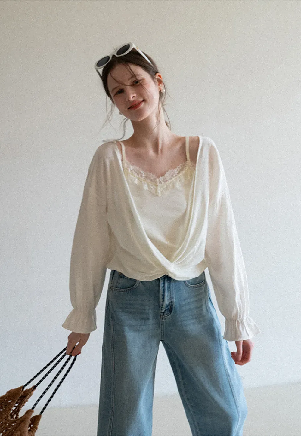 Lace Trimmed V Neck Long Sleeve Wrap Shirt