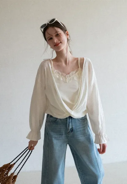 Lace Trimmed V Neck Long Sleeve Wrap Shirt