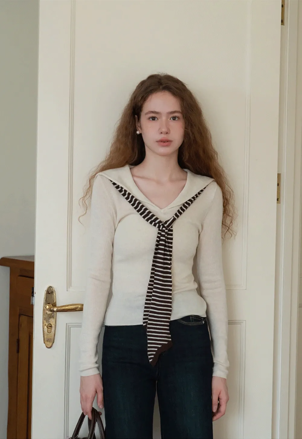 Womens Sailor Collar Long Sleeve Knit Top with Tie