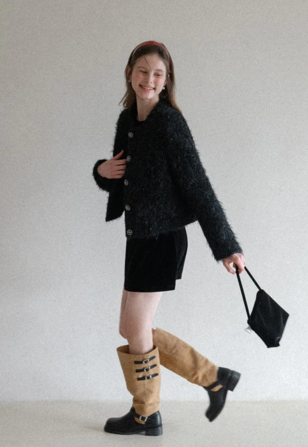 Fuzzy Knit Short Jacket with Button Detail