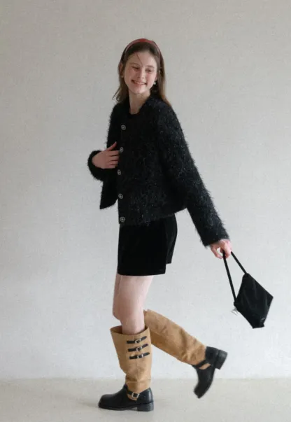 Fuzzy Knit Short Jacket with Button Detail