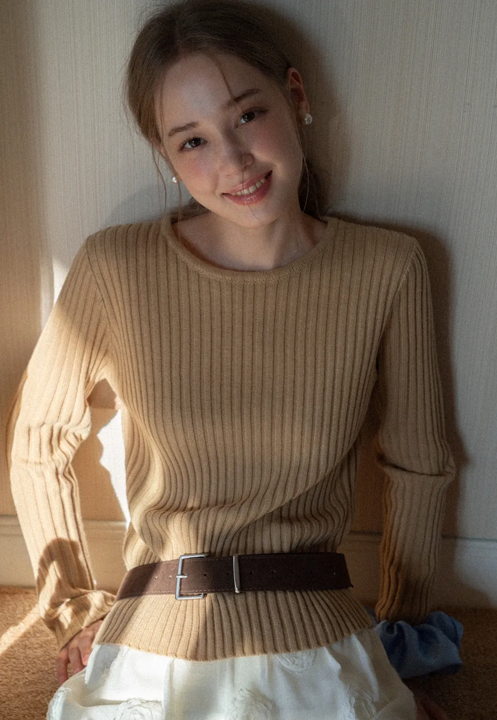 Womens Ribbed Crew Neck Long Sleeve Knit Top