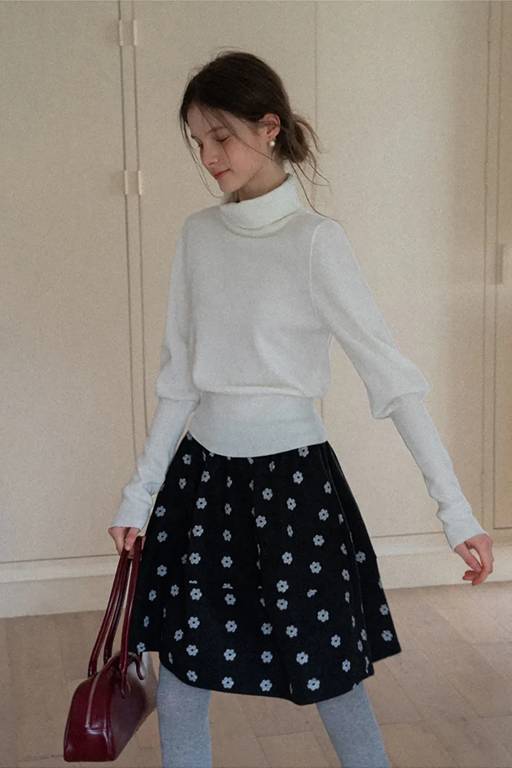 Floral Print Woolen Puff Skirt