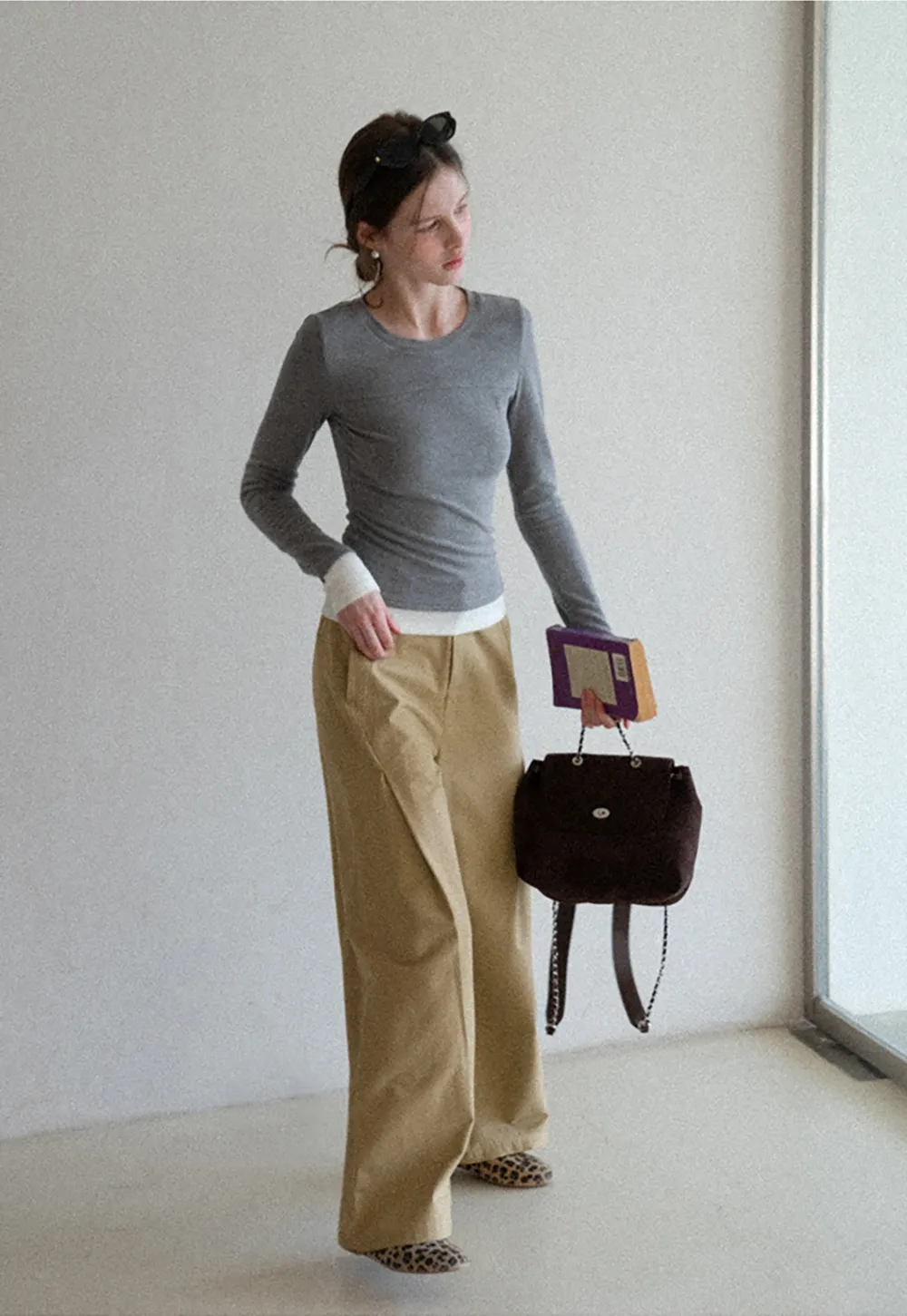 Wide leg high waist casual pants with back pocket design