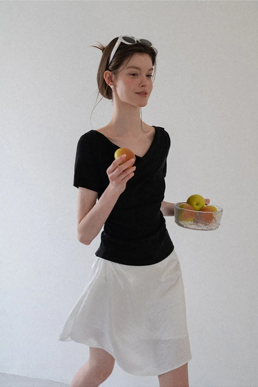 Asymmetrical Draped Neckline Short Sleeve Top