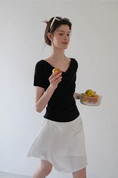 Asymmetrical Draped Neckline Short Sleeve Top
