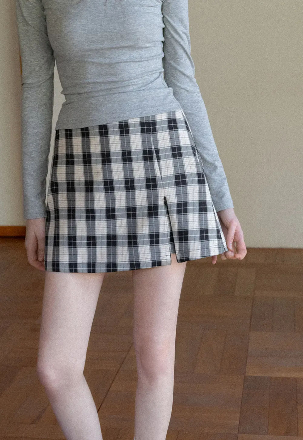 Plaid Skirt with Front Slit